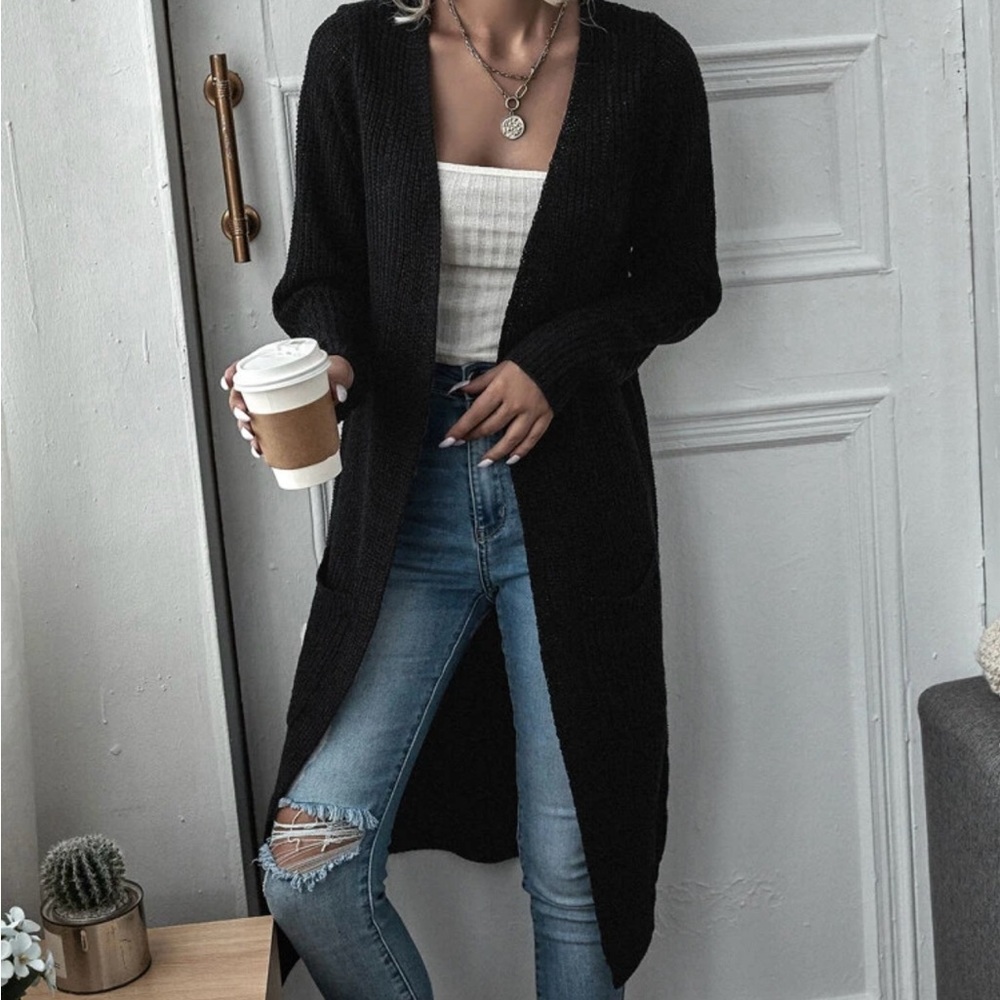New black open front cardigan sweater